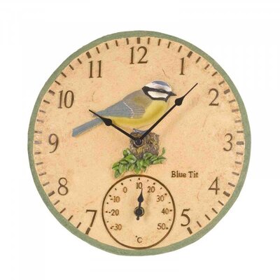 BLUE TIT WALL CLOCK & THERMOMETER 12IN